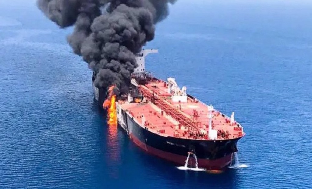 Who is responsible for the drone attack on the Israeli oil tanker near the coast of Oman?