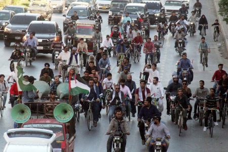 فلسطینیوں سے اظہار یکجہتی کے لئے کراچی میں سائیکل ریلی کا انعقاد+ تصاویر